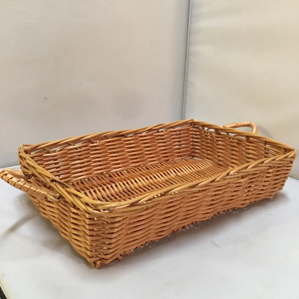 Wicker Serving Basket Medium Tan Rectangular Woven Tray Cottagecore Swing Handle